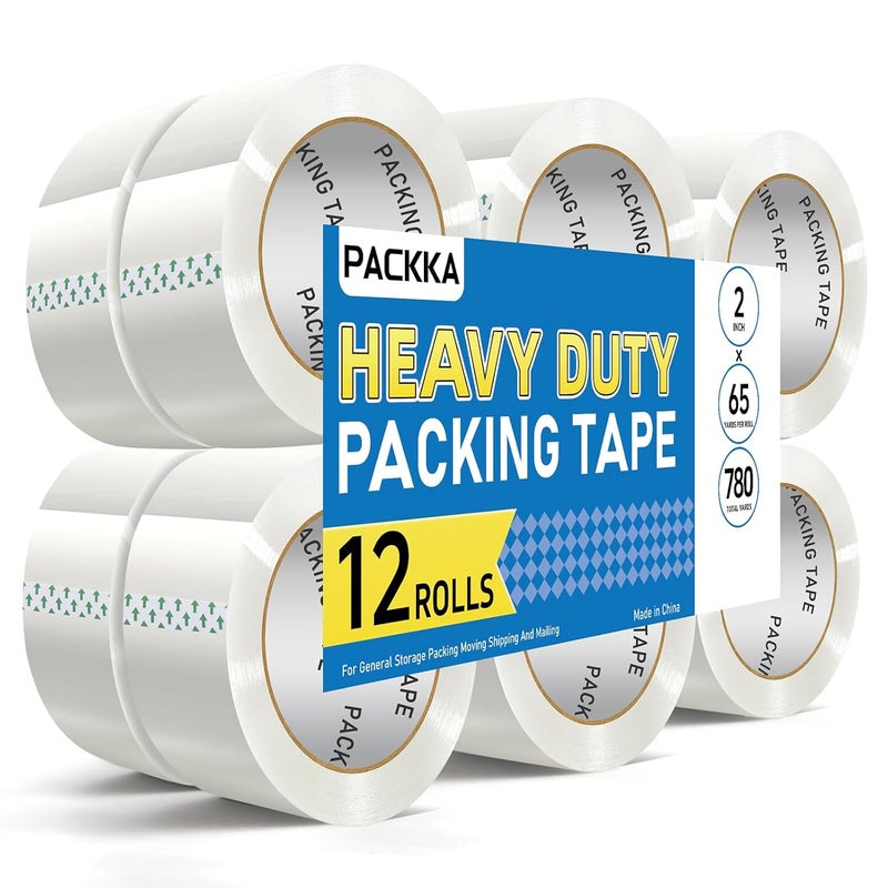 PACKKA Clear Packing Tape, Heavy Duty Packaging Tape Refills 12 Rolls, 2 inch x 65 Yards, Shipping Tape Box Tape Mailing Tape for Shipping Packaging Moving Sealing and Storage - Image 1